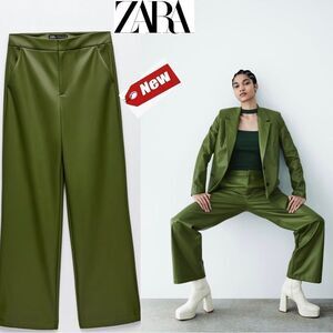 Zara olive green faux leather full length high waisted pants Sz S NWT bloggers